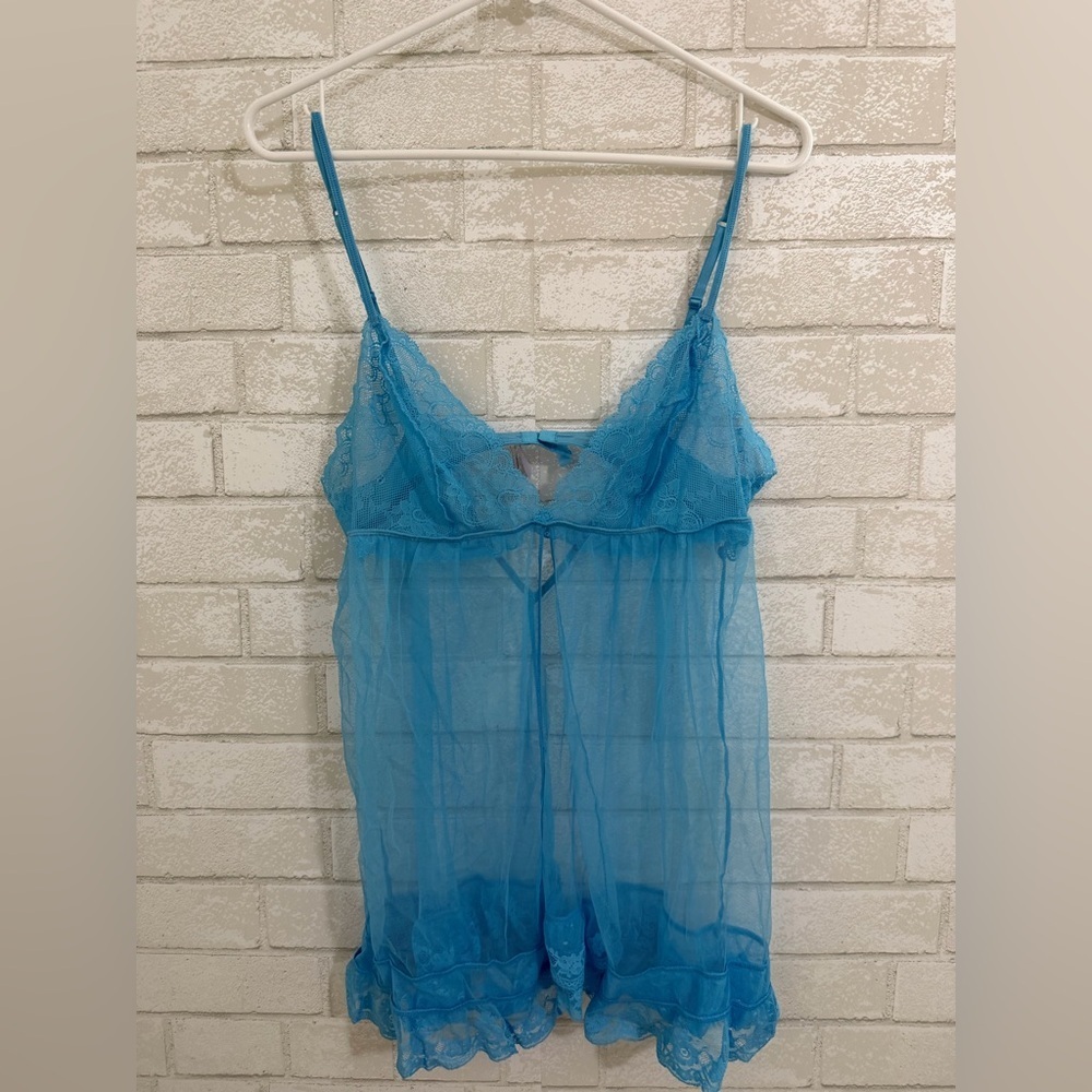 Victorias Secret Blue Lace Split Front Sheer lingerie Size L #3058